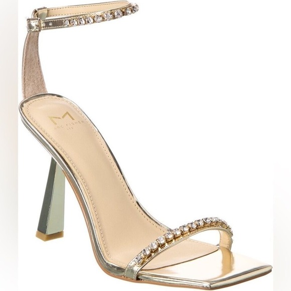 MARC FISHER Karima Leather Gold Heeled‎ Sandal w/ Crystal Trim - Picture 1 of 9